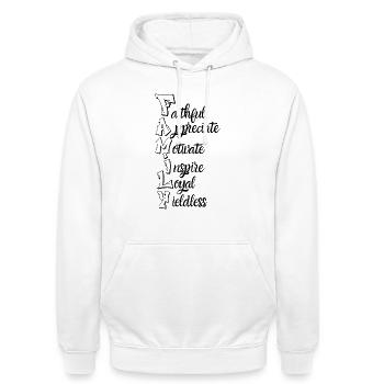 Family First Streetwear - Unisex Hoodie - Weiß - Vorne - AI Model Male 185 dark (185cm) & AI Model Female 172 dark (172cm)