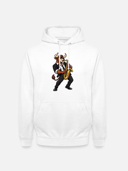 Stier mit Saxophon – Sternzeichen - Unisex Hoodie - Weiß