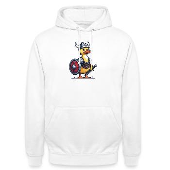 Viking Quacksalber: Die Ente von Walhalla - Unisex Hoodie - Weiß - Vorne - AI Model Male 185 dark (185cm) & AI Model Female 172 dark (172cm)
