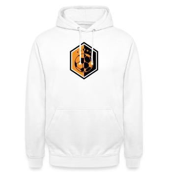 Écusson Football Orange : L'Armure du Capitaine - Sweat-shirt à capuche unisexe - blanc - Devant - AI Model Male 185 dark (185cm) & AI Model Female 172 dark (172cm)