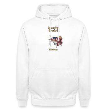 Kritische Amerika Illustration mit Flagge - Unisex Hoodie - Weiß - Vorne - AI Model Male 185 dark (185cm) & AI Model Female 172 dark (172cm)