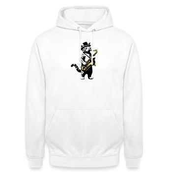 Chat Saxophone Musique Street Art Pochoirs Style - Sweat-shirt à capuche unisexe - blanc - Devant - AI Model Male 185 dark (185cm) & AI Model Female 172 dark (172cm)