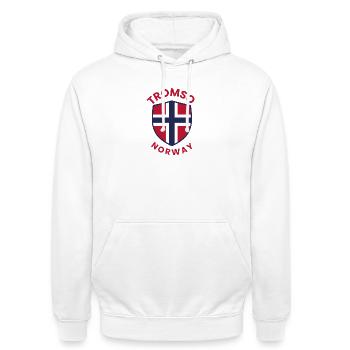 Tromsø-Schild: Norwegische Flagge - Unisex Hoodie - Weiß - Vorne - AI Model Male 185 dark (185cm) & AI Model Female 172 dark (172cm)