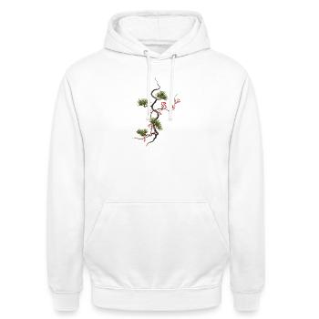 Ikebana Épicéa avec baies rouges style zen - Sweat-shirt à capuche unisexe - blanc - Devant - AI Model Male 185 dark (185cm) & AI Model Female 172 dark (172cm)