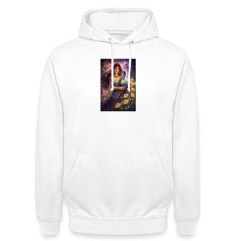 Mystische Indische Frau mit Pfau - Unisex Hoodie - Weiß - Vorne - AI Model Male 185 dark (185cm) & AI Model Female 172 dark (172cm)
