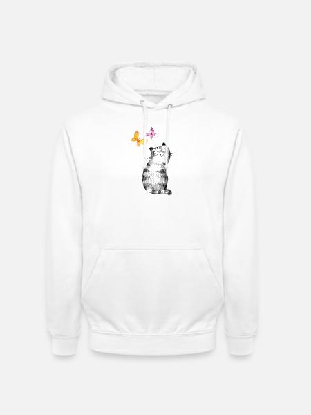 Katze mit Schmetterlingen – Skizzen-Design - Unisex Hoodie - Weiß
