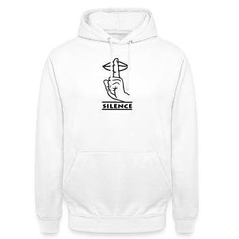 Hand mit Finger Stille Handgeste 'STILLE' - Unisex Hoodie - Weiß - Vorne - AI Model Male 185 dark (185cm) & AI Model Female 172 dark (172cm)