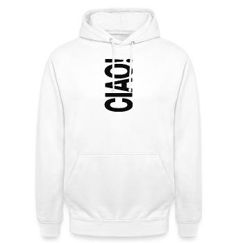 Ciao Typography Statement Design - Unisex Hoodie - white - Front - AI Model Male 185 dark (185cm) & AI Model Female 172 dark (172cm)