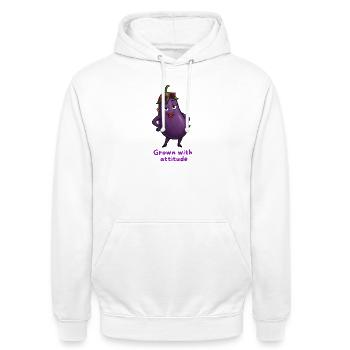 Aubergine mit Attitüde Gemüse Illustration  - Unisex Hoodie - Weiß - Vorne - AI Model Male 185 dark (185cm) & AI Model Female 172 dark (172cm)
