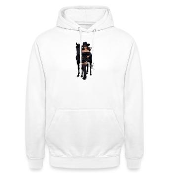 Zorro-Frau mit schwarzem Pferd - Unisex Hoodie - Weiß - Vorne - AI Model Male 185 dark (185cm) & AI Model Female 172 dark (172cm)