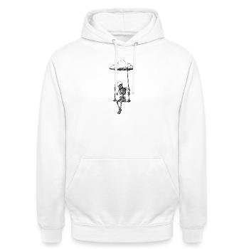Skelett auf Wolkenschaukel Motiv - Unisex Hoodie - Weiß - Vorne - AI Model Male 185 dark (185cm) & AI Model Female 172 dark (172cm)