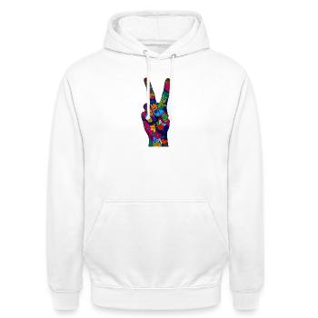 Blumen-Friedenszeichen Hand in lebendiger Farbe - Unisex Hoodie - Weiß - Vorne - AI Model Male 185 dark (185cm) & AI Model Female 172 dark (172cm)