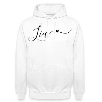 Lia Prénom Décoratif - Sweat-shirt à capuche unisexe - blanc - Devant - AI Model Male 185 dark (185cm) & AI Model Female 172 dark (172cm)