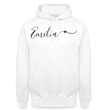 Emilia Name First Name Decorative - Unisex Hoodie - white - Front - AI Model Male 185 dark (185cm) & AI Model Female 172 dark (172cm)