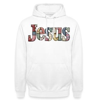 Patchwork Jesus Schriftzug - Unisex Hoodie - Weiß - Vorne - AI Model Male 185 dark (185cm) & AI Model Female 172 dark (172cm)
