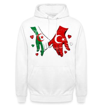 Algérie Drapeau Turc Tenue de la main utilisée - Sweat-shirt à capuche unisexe - blanc - Devant - AI Model Male 185 dark (185cm) & AI Model Female 172 dark (172cm)