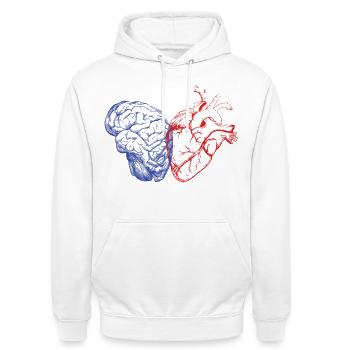 Hirn und Herz - Unisex Hoodie - Weiß - Vorne - AI Model Male 185 dark (185cm) & AI Model Female 172 dark (172cm)