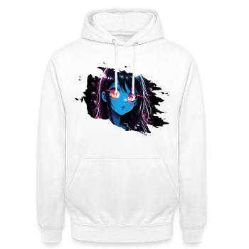 Fille d’anime au néon aux yeux brillants - Sweat-shirt à capuche unisexe - blanc - Devant - AI Model Male 185 dark (185cm) & AI Model Female 172 dark (172cm)