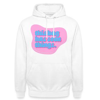 Funny Typography Design – This Bag Has Seen Things - Unisex Hoodie - Weiß - Vorne - AI Model Male 185 dark (185cm) & AI Model Female 172 dark (172cm)