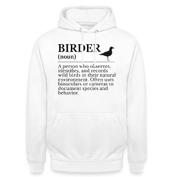 Birder Definition - Vogelbeobachter - Unisex Hoodie - Weiß - Vorne - AI Model Male 185 dark (185cm) & AI Model Female 172 dark (172cm)