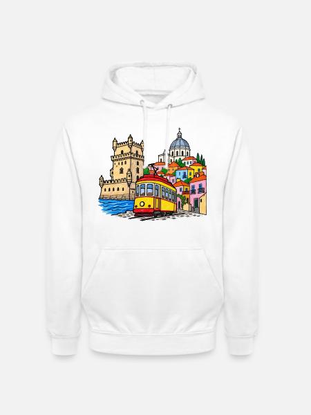 Lissabon Skyline mit bunter Straßenbahn - Unisex Hoodie - Weiß