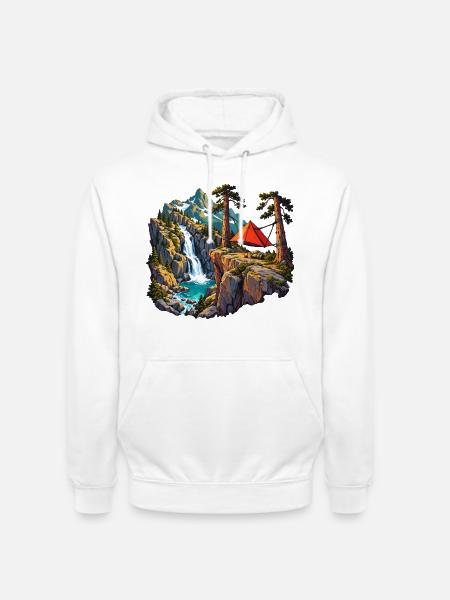 Felskessel-Camp mit Hängezelt und Wasserfall - Unisex Hoodie - Weiß
