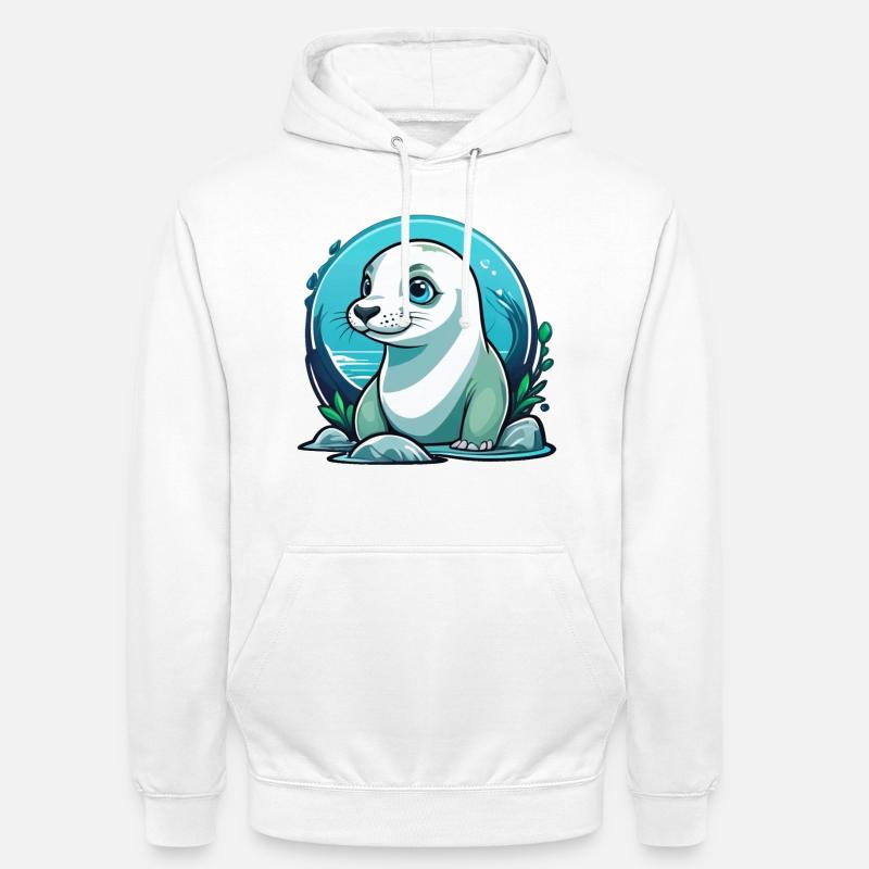 Junge Robbe auf Entdeckertour - Unisex Hoodie - Weiß