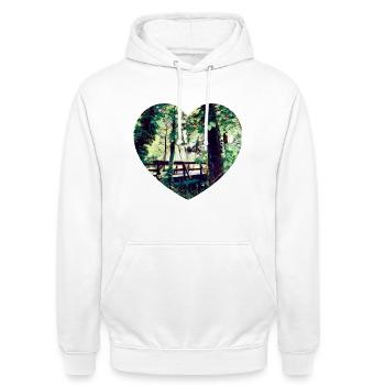 Herzmotiv Brücke im Frühgrün - Unisex Hoodie - Weiß - Vorne - AI Model Male 185 dark (185cm) & AI Model Female 172 dark (172cm)