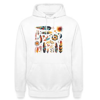 Motif de plumes et fleurs bohèmes - Sweat-shirt à capuche unisexe - blanc - Devant - AI Model Male 185 dark (185cm) & AI Model Female 172 dark (172cm)