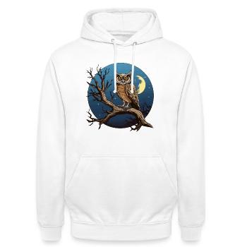 Nachtmond-Eule im Rundkreis - Unisex Hoodie - Weiß - Vorne - AI Model Male 185 dark (185cm) & AI Model Female 172 dark (172cm)
