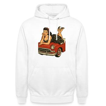 Rockabilly pin-up on vintage car in retro style - Unisex Hoodie - white - Front - AI Model Male 185 dark (185cm) & AI Model Female 172 dark (172cm)