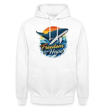 Freedom for Hope - Whale Sundowner - Unisex Hoodie - white - Front - AI Model Male 185 dark (185cm) & AI Model Female 172 dark (172cm)