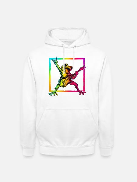 Rockender Frosch mit E-Gitarre – Neon Rock - Unisex Hoodie - Weiß