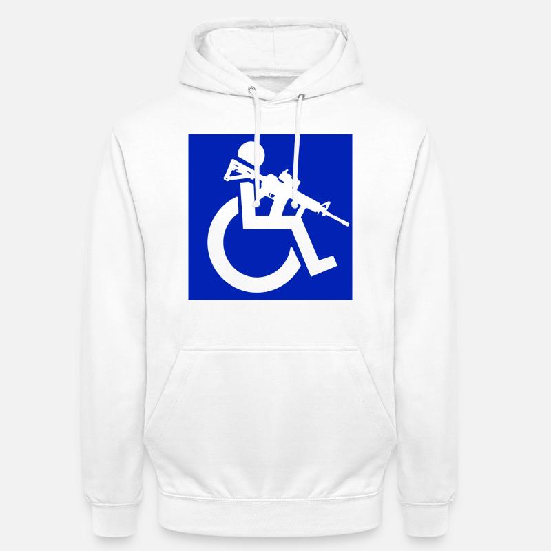 Bild eines Rollstuhlfahrers mit einem Gewehr # - Unisex Hoodie - Weiß