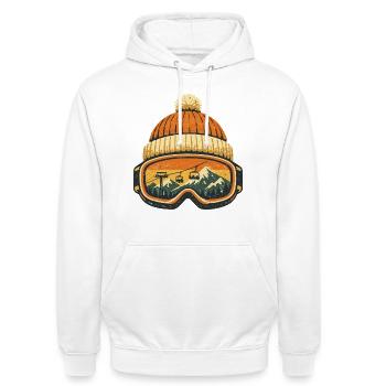 Skifahrer Winter Sport Apres Ski Mütze Skibrille - Unisex Hoodie - Weiß - Vorne - AI Model Male 185 dark (185cm) & AI Model Female 172 dark (172cm)