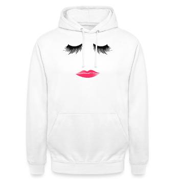 Visage de la femme Cils embrassant Lèvres roses - Sweat-shirt à capuche unisexe - blanc - Devant - AI Model Male 185 dark (185cm) & AI Model Female 172 dark (172cm)