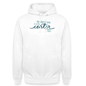Der sicherste Ort - Unisex Hoodie - Weiß - Vorne - AI Model Male 185 dark (185cm) & AI Model Female 172 dark (172cm)