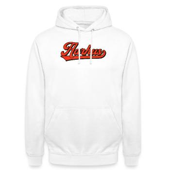 Lettrage rétro Aarhus – Style Danemark - Sweat-shirt à capuche unisexe - blanc - Devant - AI Model Male 185 dark (185cm) & AI Model Female 172 dark (172cm)