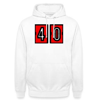 40. 40 ANS. 40e ANNIVERSAIRE. ANNIVERSAIRE 40 ANS. - Sweat-shirt à capuche unisexe - blanc - Devant - AI Model Male 185 dark (185cm) & AI Model Female 172 dark (172cm)