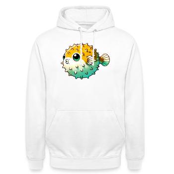 Kugelfisch - Unisex Hoodie - Weiß - Vorne - AI Model Male 185 dark (185cm) & AI Model Female 172 dark (172cm)
