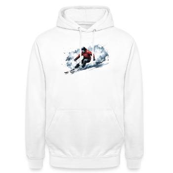 Skifahrer Tiefschnee Freeride Action - Unisex Hoodie - Weiß - Vorne - AI Model Male 185 dark (185cm) & AI Model Female 172 dark (172cm)