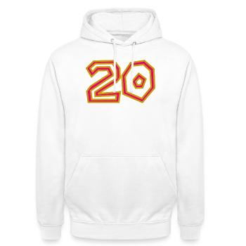 20. 20th ANNIVERSARY. 20 YEARS ANNIVERSARY. 20 YEARS. - Unisex Hoodie - white - Front - AI Model Male 185 dark (185cm) & AI Model Female 172 dark (172cm)
