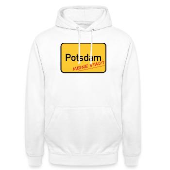POTSDAM - MEINE STADT - Unisex Hoodie - Weiß - Vorne - AI Model Male 185 dark (185cm) & AI Model Female 172 dark (172cm)
