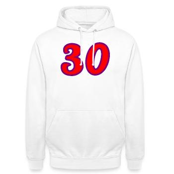 30. 30 YEARS. 30th ANNIVERSARY. 30 YEARS ANNIVERSARY. - Unisex Hoodie - white - Front - AI Model Male 185 dark (185cm) & AI Model Female 172 dark (172cm)
