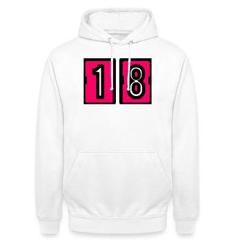18. 18 ANS. 18e ANNIVERSAIRE. ANNIVERSAIRE 18 ANS. - Sweat-shirt à capuche unisexe - blanc - Devant - AI Model Male 185 dark (185cm) & AI Model Female 172 dark (172cm)