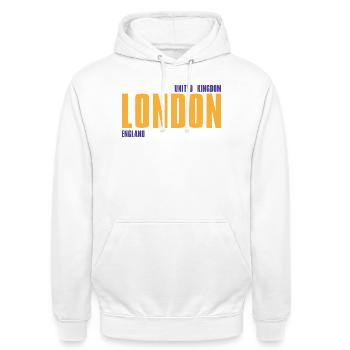 London in goldener Schrift mit blauen Akzenten - Unisex Hoodie - Weiß - Vorne - AI Model Male 185 dark (185cm) & AI Model Female 172 dark (172cm)