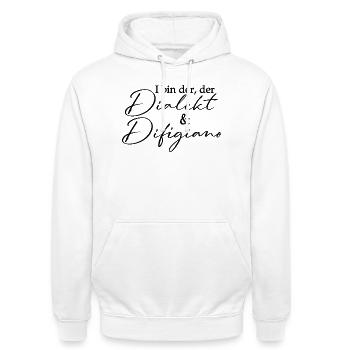 Dialekt und Difigiano - Bayrisch Wortspiel  - Unisex Hoodie - Weiß - Vorne - AI Model Male 185 dark (185cm) & AI Model Female 172 dark (172cm)