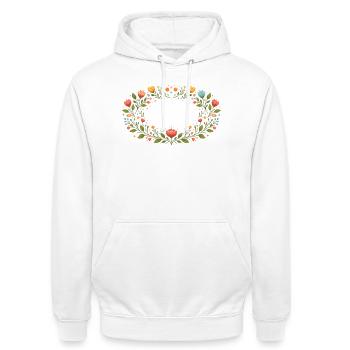 Cadre floral printanier avec fleurs - Sweat-shirt à capuche unisexe - blanc - Devant - AI Model Male 185 dark (185cm) & AI Model Female 172 dark (172cm)