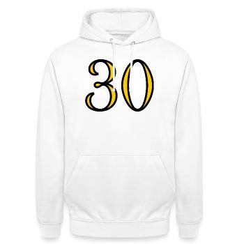 30. 30 YEARS. 30th ANNIVERSARY. 30 YEARS ANNIVERSARY. - Unisex Hoodie - white - Front - AI Model Male 185 dark (185cm) & AI Model Female 172 dark (172cm)