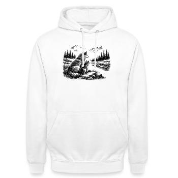 Wolf and child in nature – Mountains, forest, river - Unisex Hoodie - white - Front - AI Model Male 185 dark (185cm) & AI Model Female 172 dark (172cm)